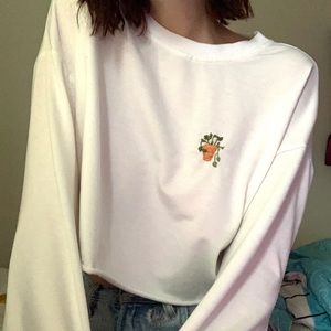Plant Embroidered Cropped White Sweatshirt